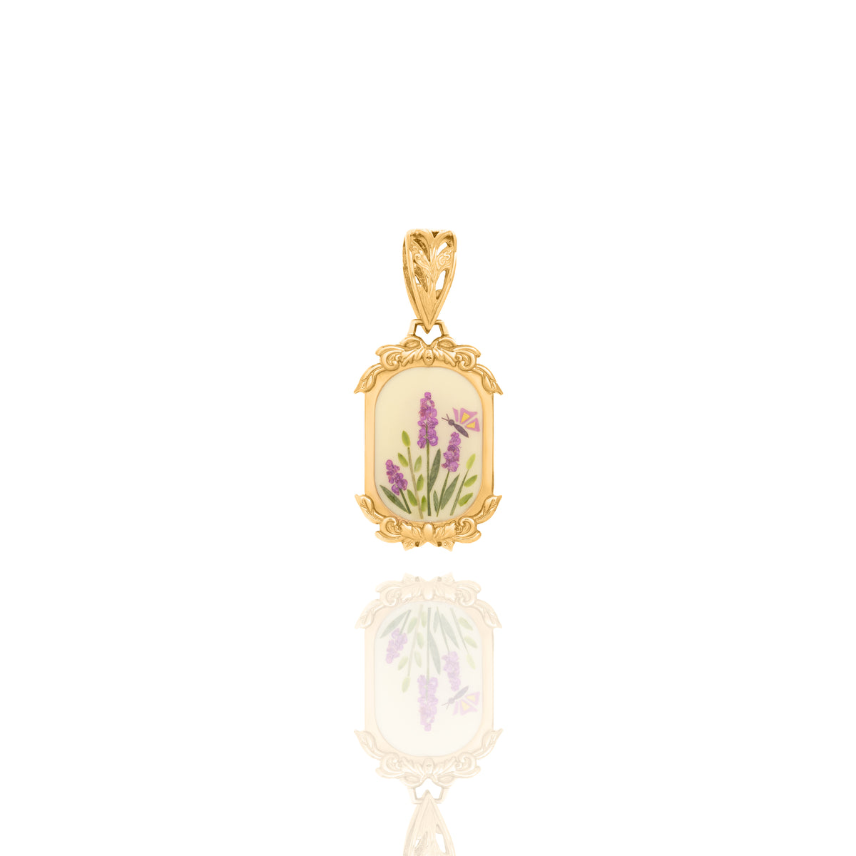 Ciondolo con Lavanda e Farfalla su Base Cornice con Fiori
